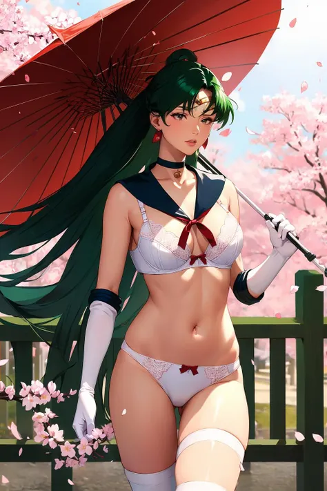 (solo, 1girl), (absurdres, highres, official wallpaper, poster), (masterpiece, best quality:1.2), (illustration, realistic), (perfect details, highest detailed, extreme detailed), dramatic light,  <lora:SetsunaMeiou:0.9>, SetsunaMeiou, (sailor pluto, sailor collar, long hair, dark green hair, elbow gloves, neck ribbon, circlet, jewelry, white thighhighs, ponytail), ((cute lingerie), ( bra), (panties)), (walking), (east asian architecture, steet, cherry blossoms, holding umbrella, falling petals)
