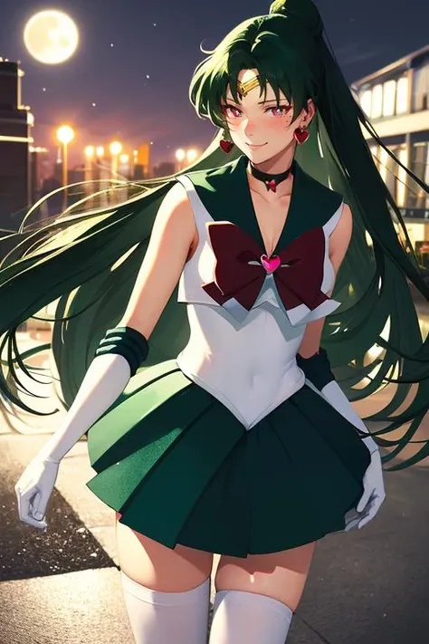masterpiece, highest quality, High resolution, Absurd, Super detailed, Cute eyes, Wet body:2.0、Transparent nipples Jupiter, Green Eyes, ponytail, tiara, jewelry, Sailor Warrior Uniform, Green sailor collar, choker, Elbow hand pockets, White gloves, Pink ribbon, brooch, White leotard, Green Skirt, Sanding arm for pleated skirt_Crossed, Cowboy Shot, night, Outdoor, moon, smile, city,
 