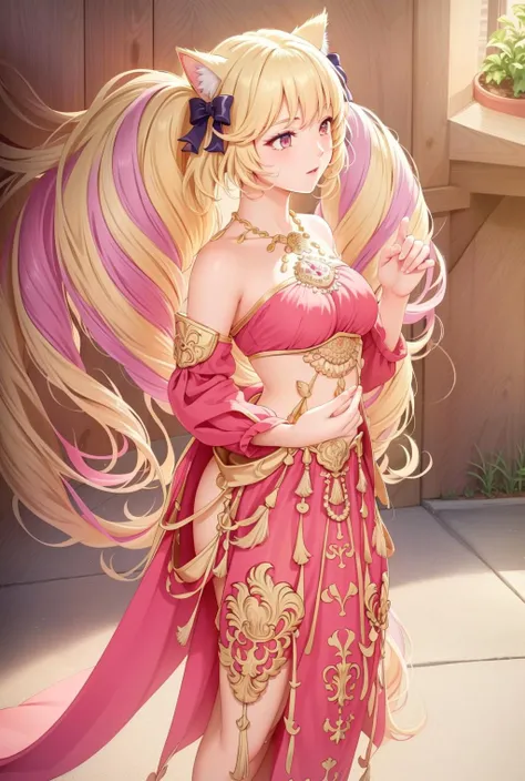 Blonde、Highest quality、high resolution、8K,Highest quality、Star-shaped pupil、The best smile、long hair、Pink Eyes、ponytail、Cowboy Shot、One person、Arabian Dress