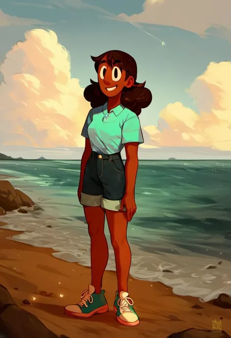 source_cartoon, rating_safe,  <lora:Connie_Maheswaran_for_PonyXL:1>, connie_maheswaran, 1girl, solo, shorts, shirt, shoes, full body, standing, on the beach, sunny day, clouds in the sky, ocean, smile, happy, score_9, score_8_up, score_7_up, score_6_up, score_5_up, score_4_up