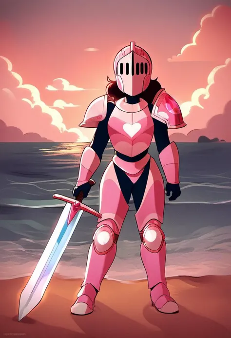 source_cartoon, rating_safe,  <lora:Connie_Maheswaran_for_PonyXL:1>, connie_maheswaran, 1girl, solo, pink plate armor, pink knight helmet, full body, holding sword, standing, on the beach, sunny day, clouds in the sky, ocean, glare, determined, score_9, score_8_up, score_7_up, score_6_up, score_5_up, score_4_up