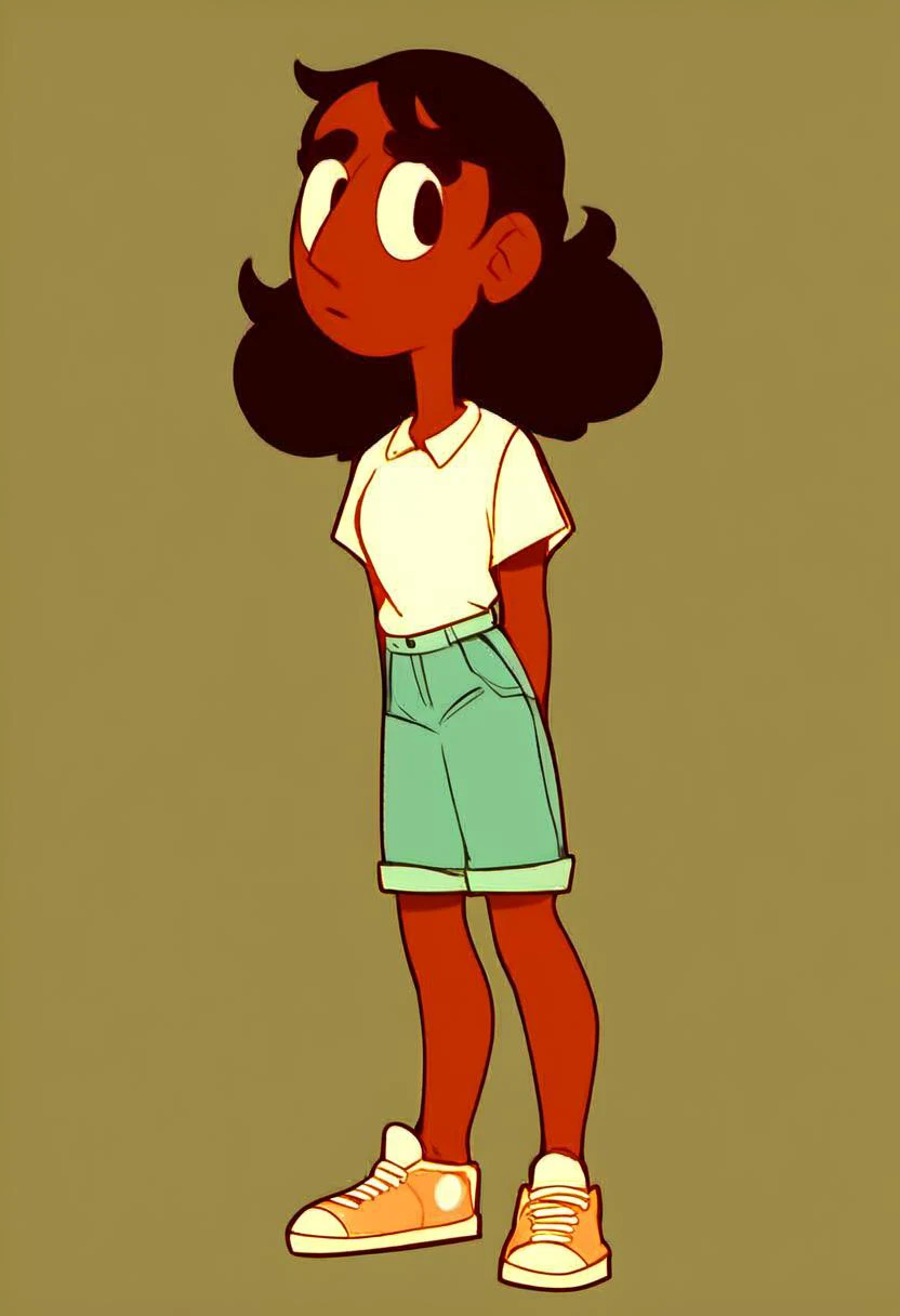 source_cartoon, rating_safe,  <lora:Connie_Maheswaran_for_PonyXL:1>, connie_maheswaran, 1girl, solo, shorts, shirt, shoes, full body, standing, score_9, score_8_up, score_7_up, score_6_up, score_5_up, score_4_up