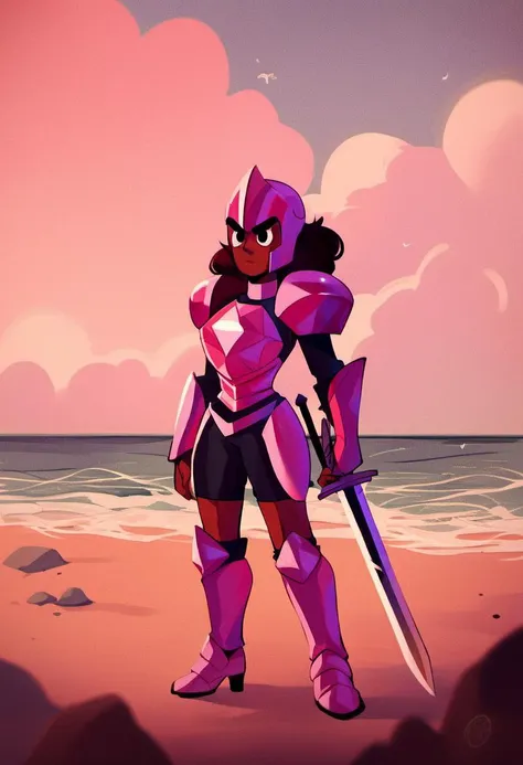 source_cartoon, rating_safe,  <lora:Connie_Maheswaran_for_PonyXL:1>, connie_maheswaran, 1girl, solo, pink plate armor, pink knight helmet, full body, holding pink claymore sword, standing, on the beach, sunny day, clouds in the sky, ocean, glare, determined, score_9, score_8_up, score_7_up, score_6_up, score_5_up, score_4_up