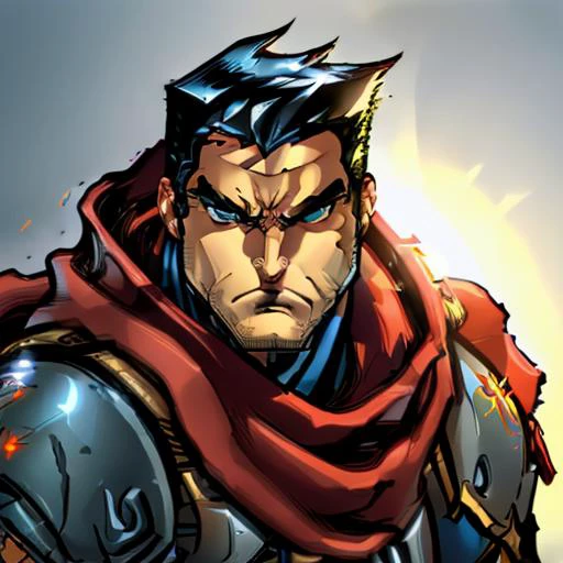 a man on a battlefield<lora:GarrisonBattleChasersLoraV1:0.8> man with black hair, blue orange armor, red cape, sword in hand high detail skin, high detail eyes, high detail hair, highres, ultra detailed:1.2, detailed pores, imperfect skin:1.2, detailed reflective shiny skin, diffused skin pores,sharpen picture, Highly detailed,masterpiece, best quality, <lora:Style JoeMadV2:1> joe madureira style