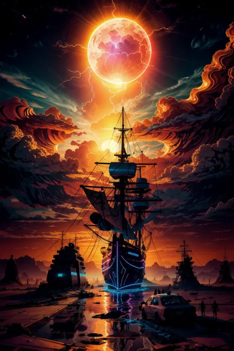 neon_outlines, a mechanical ship is sailing on a post-apocalyptic desert, sunset, hazy, dust, vibrant clouds <lora:neolin3:0.4> <lora:add_detail:0.25> <lora:realistic:0.5> <lora:ClothingAdjuster3:-0.25> <lora:waterVFX:0.25>