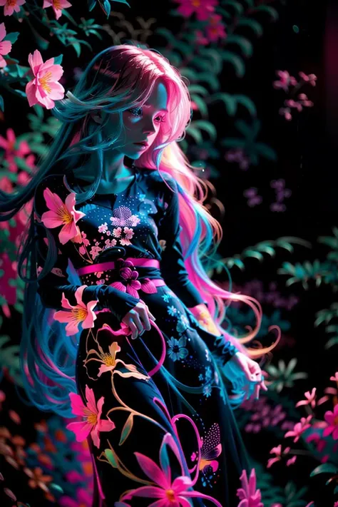 neon_outlines, blonde woman with long wave hair, flowery dress, dark room, relaxed atmosphere, pink and teal color theme <lora:neolin3:0.7> <lora:add_detail:0.25> <lora:ClothingAdjuster3:-0.5> <hypernet:b34tInstatronicA_v10:1> <lora:b34t_instograph_v2:-1>