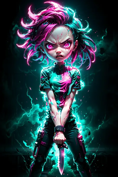 neon_outlines, award winning photograph of an intimidating angry hostile chibi woman holding a knife in a dark room, pink and teal color theme, 8k resolution  <lora:neolin3:0.6>