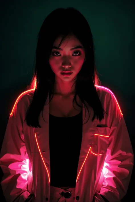 neon_outlines, close up, japanese woman in a dark room, killer, assassin, dangerous, hostile <lora:neolin3:0.3> <lora:add_detail:0.25> <lora:realistic:0.5> <lora:ClothingAdjuster3:-0.25> <lora:waterVFX:0.25>