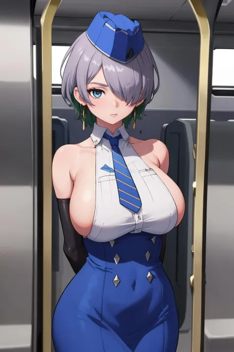 masterpiece, best quality, 1girl, solo, <lora:brid-nikke-richy-v1:1> brid, hair over one eye, garrison cap, earrings, necktie, sleeveless, sideboob, elbow gloves, high-waist skirt, blue dress, standing, arms behind back, large breasts, train interior,