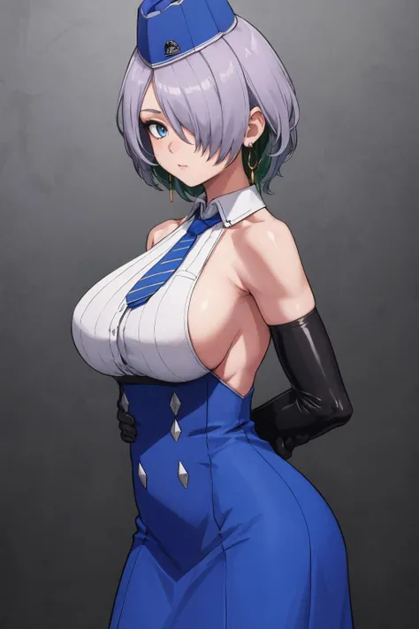 masterpiece, best quality, 1girl, solo, <lora:brid-nikke-richy-v1:1> brid, hair over one eye, garrison cap, earrings, necktie, sleeveless, sideboob, elbow gloves, high-waist skirt, blue dress, standing, arms behind back,