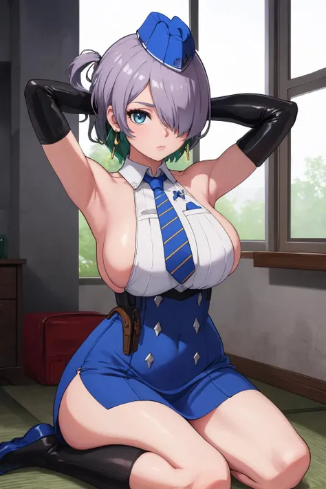 masterpiece, best quality, 1girl, solo, <lora:brid-nikke-richy-v1:1> brid, hair over one eye, garrison cap, earrings, necktie, sleeveless, sideboob, bridal gauntlets, high-waist skirt, seiza, arms behind head, sitting, thighs,