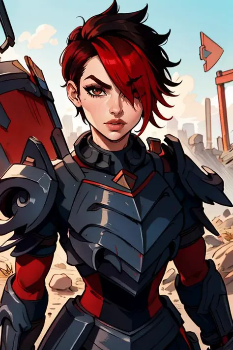 masterpiece,best quality,extreme detail,8k,image sharpness,<lora:ash:0.8> ash2, 1girl, solo, looking at viewer, short hair, black hair, brown eyes, upper body, red hair, multicolored hair, armor, hair over one eye, two-tone hair, lips, makeup, lipstick, shoulder armor, pauldrons, breastplate