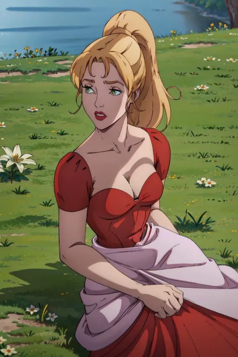 inusen,ygn, blonde hair, 1girl, green eyes, solo,cowboy shot, (red princess dress:1.4),(red clothes,red short sleeves),(cleavage:0.8),ponytail,tiara,strapless, on grass,sitting, lying, on side, flower garden, from above, (best quality, masterpiece) <lora:tera_v1:1><lora:inusen_v1:1>