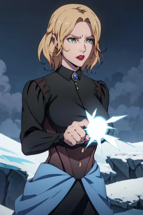 tera, blonde hair, 1girl, long sleeves, green eyes, solo, blue brooch, black collared dress, short hair, closed mouth, outdoors, night, red lips, blue skirt, anime coloring, fighting stance, serious, mature female, magic, cowboy shot, white light, ice, brown corset, (best quality, masterpiece) <lora:tera_v1:1>