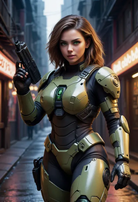 (medium full shot) of (desirable futuristic soldier) young woman, italian with brown hair, green eyes, tan skin, curvy, wearing Advanced combat exosuit with energy shielding, enhanced mobility thrusters, integrated weapon systems, and neural synchronization for seamless combat coordination, EMP grenade launcher, surprised, open mouth, pointing her finger at the viewer, set in Cybernetic slums teeming with life, makeshift dwellings constructed from salvaged materials, pulsating neon signs marking the entrance to underground clubs and gambling dens , at night, Masterpiece,best quality, photorealistic, amazing quality, very aesthetic, extremely detailed face,
