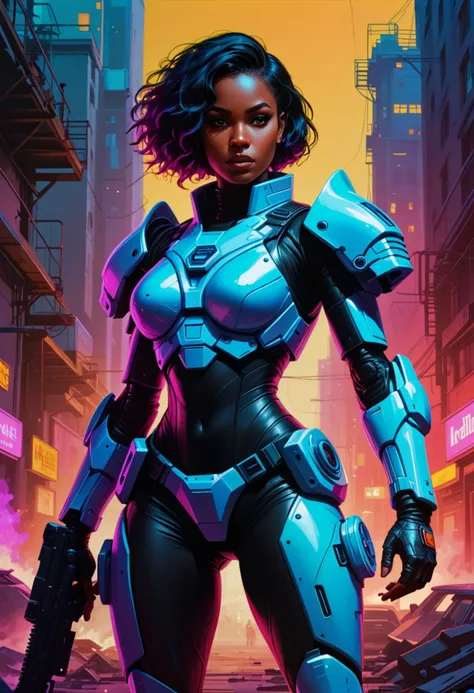 ( popart painting with bold colors and gradients in neon light by Andre Petrov) of a futuristic soldier woman, black american with fringe hair, dark eyes, dark skin, curvy, wearing Advanced combat exosuit with energy shielding, enhanced mobility thrusters, integrated weapon systems, and neural synchronization for seamless combat coordination, EMP grenade launcher, set in Industrial Zone, Grim landscape dominated by towering factories belching smoke, labyrinthine alleyways strewn with debris, the constant hum of machinery punctuated by occasional sirens, workers in drab uniforms shuffling to and from their shifts , at sunset award winning, very aesthetic