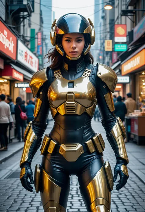 (art in the style of claude monet) of a futuristic soldier woman, brazilian with dark, wavy hair, brown eyes, tan skin, athletic build, wearing Psionic shield chest armor with telekinetic barrier, psychic-resistant tactical suit with mind dampening, neural interface helmet with psionic detection, psionic disruptor gauntlets, EMP grenade launcher, set in Marketplace, Bustling area with neon signs illuminating the crowded streets, holographic advertisements projecting above shops, automated vendor stalls serving diverse cuisines, bustling crowds of pedestrians, vehicles whirring overhead , at night award winning, very aesthetic