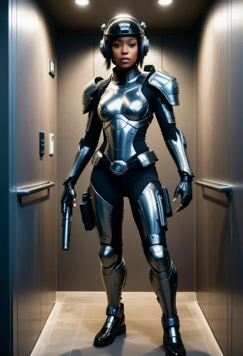 (art in the style of Paul Gauguin) of a futuristic soldier woman, black american with fringe hair, dark eyes, dark skin, curvy, wearing High-tech exoskeleton suit with integrated HUD display, modular armor plating, kinetic energy harnessing capabilities, and retractable helmet, EMP grenade launcher, set in public toilet, Washroom Annex, Cutting-edge design featuring self-cleaning toilets, touchless flush mechanisms, integrated bidet functions, sleek storage cabinets, eco-friendly bamboo flooring , at night award winning, very aesthetic