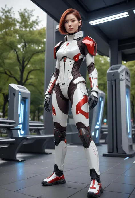 ((fashion photography)), perfect face, perfect eyes, (medium full shot) of (vivacious futuristic soldier) young woman, korean, dark brown eyes, pale skin, light skin, light brown eyes, willowy build, long red inverted bob hair, wearing Plasma-infused exosuit with neural control interface, multi-spectral visor with threat detection, energy gauntlets with plasma cannons, anti-gravity combat boots, High-caliber railgun with electromagnetic propulsion, set in public park, Fitness Plaza, Open-air area with high-tech exercise equipment, rubberized flooring, LED-lit pathways, solar-powered benches with charging docks, retractable awnings , smiling at the viewer, masterpiece, best quality, photorealistic, very aesthetic