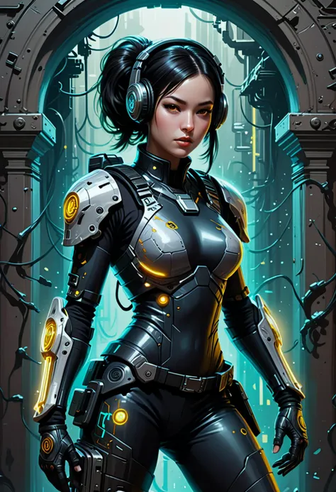 (neon art painting by Jackson Pollock) of a futuristic soldier woman, japanese with black hair styled in twin-tails, dark brown eyes, pale skin, petite, wearing Quantum entanglement chest armor with phase shift technology, nano-mesh tactical suit with molecular stabilization, neural interface visor with quantum targeting, energy blade gauntlets, EMP grenade launcher, set in Subterranean labyrinth of tunnels and sewers, dimly lit passages echoing with the sounds of clandestine activity, hidden enclaves carved out by renegade factions award winning, very aesthetic
