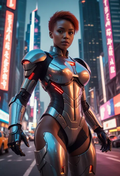((fashion photography)), perfect face, perfect eyes, (medium full shot) of (esthetic futuristic soldier) young woman, african, dark skin, light brown eyes, full-figured build, short red hair, wearing Plasma-infused exosuit with neural control interface, multi-spectral visor with threat detection, energy gauntlets with plasma cannons, anti-gravity combat boots, Tactical energy sword with variable blade length and plasma edge, set in Megacity skyline, neon lights reflecting off glass skyscrapers, bustling streets filled with hovercars and drones, towering billboards advertising futuristic technology , surprised, open mouth, pointing her finger at the viewer, masterpiece, best quality, photorealistic, very aesthetic