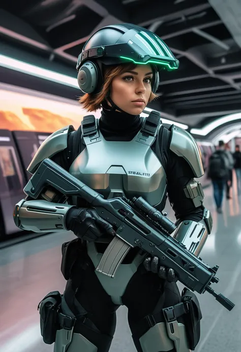 (medium full shot) of (stealthy futuristic soldier) young woman, busty build, short hazel hair, russian, tan skin, green eyes, wearing a lightweight helmet with augmented reality visor, Nano-fiber steel grey exo-suit upper body armor with modular armor plating, armored combat trousers, combat boots, (wielding a plasma rifle), equipped with a tactical backpack night vision goggles, set in Transportation Hub, Dynamic area with elevated maglev train tracks crisscrossing above, autonomous vehicles navigating bustling streets below, futuristic stations with sleek platforms, commuters streaming in and out of transport pods, holographic signs displaying departure times and routes , at sunset, ,Masterpiece,best quality, raw photo, realistic, very aesthetic