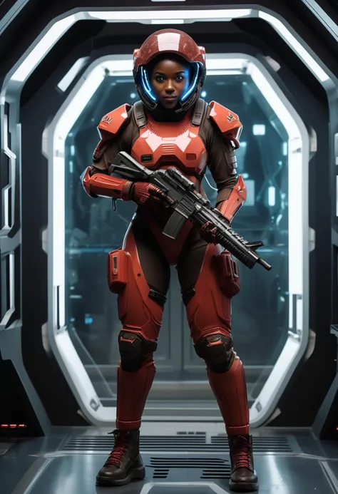 (medium full shot) of (futuristic futuristic soldier) young woman, full-figured build, short brown hair, african, dark skin, brown eyes, wearing a combat helmet with communication gear, Plasma-infused red advanced combat exo-suit with telekinetic barrier, combat boots, wielding a pulse pistol, energy shield energy gloves, set in spaceship observation deck, with dim lighting, a few scattered chairs, the stars slowly drifting by outside , woman smiling, ,Masterpiece,best quality, raw photo, realistic, very aesthetic