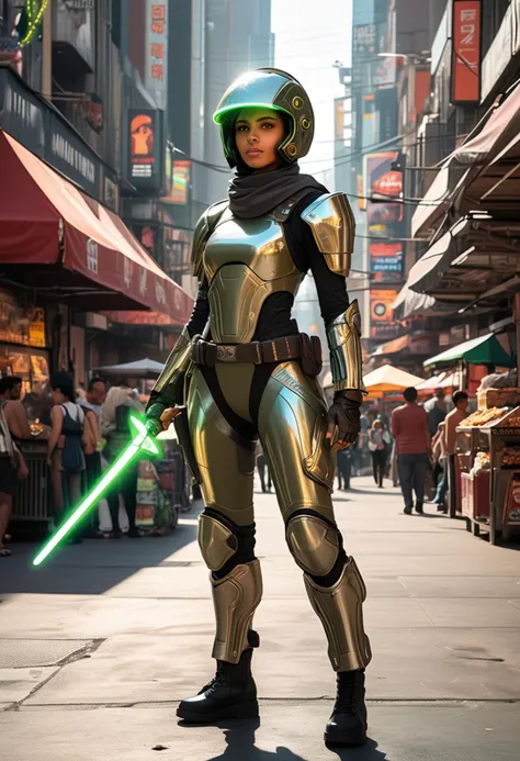 (medium full shot) of (strategic futuristic soldier) young woman, willowy build, short hazel hair, arabian, caramel skin, olive green eyes, wearing a full-face helmet with visor, Powered chrome armored jacket with tech enhancements with fusion reactor, reinforced combat pants, combat boots, (wielding a glowing energy sword), energy shield energy blade gauntlets, set in Marketplace, Bustling area with neon signs illuminating the crowded streets, holographic advertisements projecting above shops, automated vendor stalls serving diverse cuisines, bustling crowds of pedestrians, vehicles whirring overhead , at sunset, ,Masterpiece,best quality, raw photo, realistic, very aesthetic