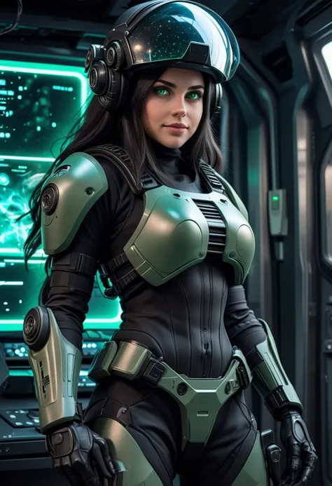 (medium full shot) of (advanced futuristic soldier) young woman, curvy build, extra long dark hair, german, fair skin, dark green eyes, wearing a combat helmet with communication gear, Bio-mechanical black advanced combat exo-suit with EMP shielding, combat boots, wielding a railgun, night vision goggles equipped with a utility belt, set in spaceship bridge, high-tech with sleek consoles, glowing holographic displays, a panoramic view of the stars through the large front windows , at night, woman smiling, ,Masterpiece,best quality, raw photo, realistic, very aesthetic