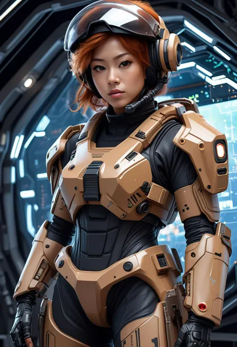 (medium full shot) of (strategic futuristic soldier) young woman, Medium build, medium ginger hair, korean, tan skin, brown eyes, wearing a tactical helmet with HUD display, Electromagnetic pulse chrome advanced combat exo-suit with disruption field, combat boots, (wielding a railgun), energy gloves night vision goggles, set in spaceship bridge, expansive, featuring an advanced control panel, star charts projected on the walls, a sense of calm amidst the vastness of space , at sunset, ,Masterpiece,best quality, raw photo, realistic, very aesthetic
