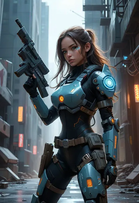 (medium full shot) of (agile futuristic soldier) young woman, normal build, long brown hair, native american, tan skin, dark green eyes, wearing a tactical helmet with HUD display, Electromagnetic pulse blue full-body tactical armor with energy core, armored boots, (wielding a laser gun), combat gloves energy shield, set in a dystopian cityscape, with towering skyscrapers, neon signs, patrolling drones, dark alleyways, and resistance hideouts , ,Masterpiece,best quality, photo, realistic, very aesthetic