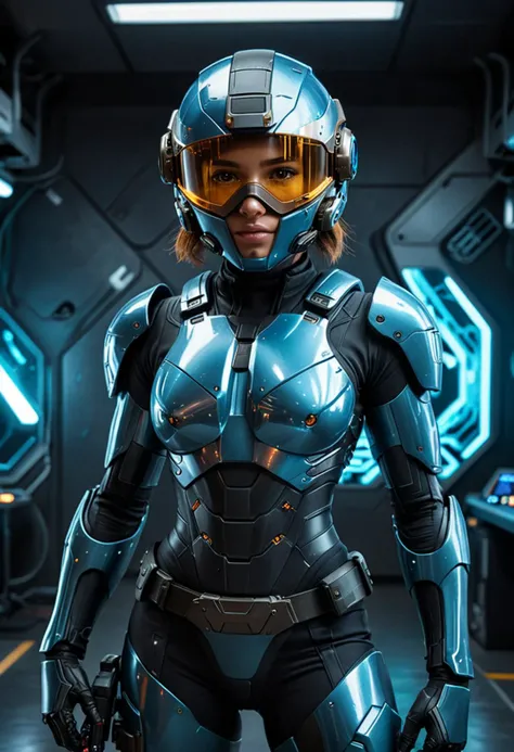 (medium full shot) of (elite futuristic soldier) young woman, lithe build, short hazel hair, mexican, caramel skin, olive green eyes, wearing a stealth helmet with integrated mask, Titanium blue stealth exo-suit with cloaking abilities with EMP shielding, armored boots, (wielding a glowing energy sword), night vision goggles energy gloves, set in Technology Hub, Futuristic space with sleek metallic walls, holographic screens displaying data, hovering drones zipping around, computer terminals with glowing keyboards, a central console emitting a soft blue light , ,Masterpiece,best quality, photo, realistic, very aesthetic