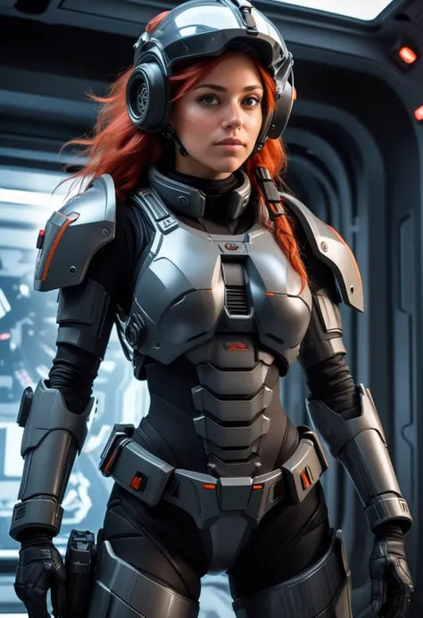 (medium full shot) of (futuristic futuristic soldier) young woman, normal build, long red hair, canadian, tan skin, hazel eyes, wearing a combat helmet with communication gear, Nano-fiber black exo-suit upper body armor with anti-gravity field, exo-suit lower body armor, armored boots, railgun, equipped with a jetpack night vision goggles, set in Siege of a Starbase, Chaotic space station with flashing alarms, troopers in combat, hull breaches, flickering lights, the sound of distant explosions , woman smiling, ,Masterpiece,best quality, raw photo, realistic, very aesthetic