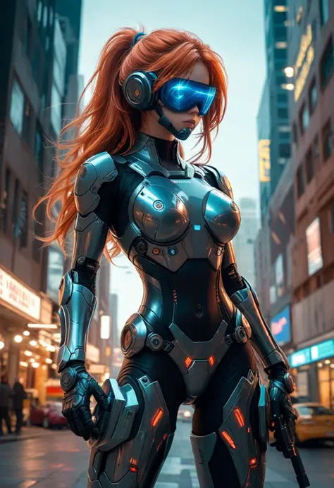 (medium full shot) of (stealthy futuristic soldier) young woman, slender build, long red hair, spanish, tan skin, blue eyes, wearing a stealth helmet with integrated mask, Sonic emitter blue advanced combat exo-suit with force field generator, combat boots, (wielding a laser gun), energy shield night vision goggles, set in Techno-organic cityscape, skyscrapers intertwined with living vines and bioluminescent flora, bustling markets selling bio-engineered goods and gene-splicing services , at night, ,Masterpiece,best quality, photo, realistic, very aesthetic