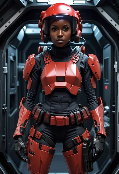 (medium full shot) of (lethal futuristic soldier) young woman, slender build, short hazel hair, african, dark skin, black eyes, wearing a tactical helmet with HUD display, Psionic shield red advanced combat exo-suit with fusion reactor, combat boots, (wielding a laser gun), night vision goggles equipped with a utility belt, set in spaceship crew quarters, tidy, with neatly made beds, individual storage units, a small porthole offering a view of space , at night, ,Masterpiece,best quality, raw photo, realistic, very aesthetic