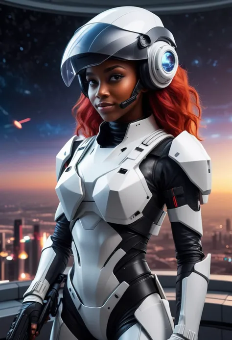 (medium full shot) of (strategic futuristic soldier) young woman, slim build, extra long red hair, african, dark skin, black eyes, wearing a lightweight helmet with augmented reality visor, Graphene white composite chest armor with EMP shielding, armored combat trousers, armored boots, wielding a plasma rifle, combat gloves night vision goggles, set in spaceship observation deck, panoramic, with floor-to-ceiling windows, comfortable seating, a breathtaking view of the galaxy , at sunset, woman smiling, ,Masterpiece,best quality, raw photo, realistic, very aesthetic