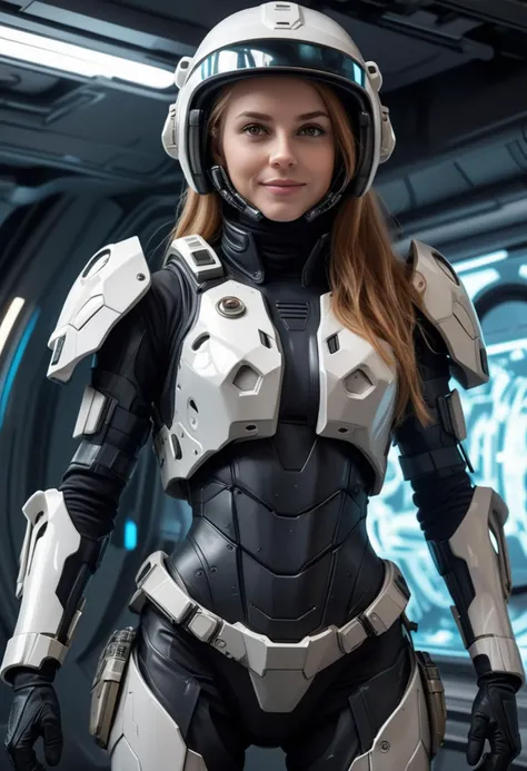 (medium full shot) of (advanced futuristic soldier) young woman, lithe build, long hazel hair, british, fair skin, hazel eyes, wearing a full-face helmet with visor, Quantum-repulsor digital camo full-body tactical armor with nano-cloak technology, armored boots, pulse pistol, equipped with a jetpack energy shield, set in spaceship bridge, minimalist, with ergonomic chairs, streamlined interfaces, the serene silence of deep space enveloping the room , woman smiling, ,Masterpiece,best quality, raw photo, realistic, very aesthetic