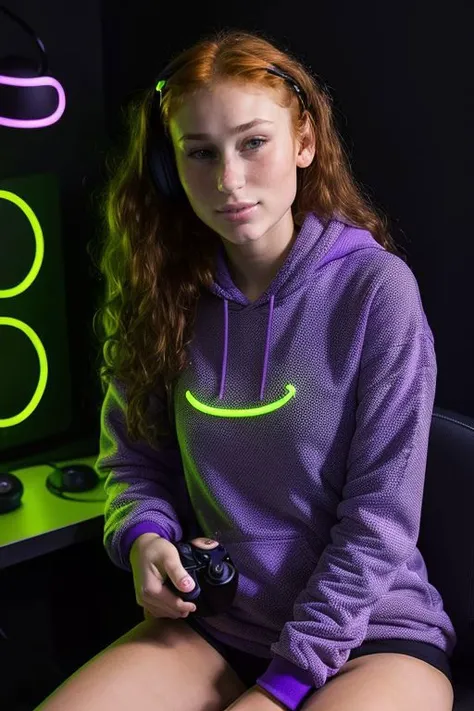 DEN_nika_parker,
sitting at a computer wearing headphones and playing games (holding a controller:1.2) wearing a hoodie in a (neon lit room:1.3), (gamer:1.2), gaming, gamer girl, games, (purple lighting, neon:1.2),
bokeh, f1.4, 40mm, photorealistic, raw, 8k, textured skin, skin pores, intricate details <lora:epi_noiseoffset2:1>, epiCRealism <lora:ClothingAdjuster3:-0.8>