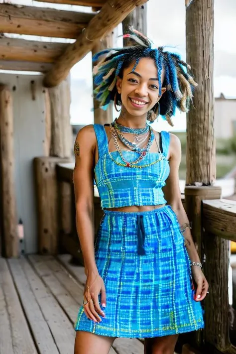 a portrait photo of ChynaUniq, smiling, blue dreads, ((((folk dress)))), Ukrainian dress, pronounced feminine feature, insane details, intricate details, hyperdetailed, complex background, medieval tavern, indoor, in the style of greg fredericks