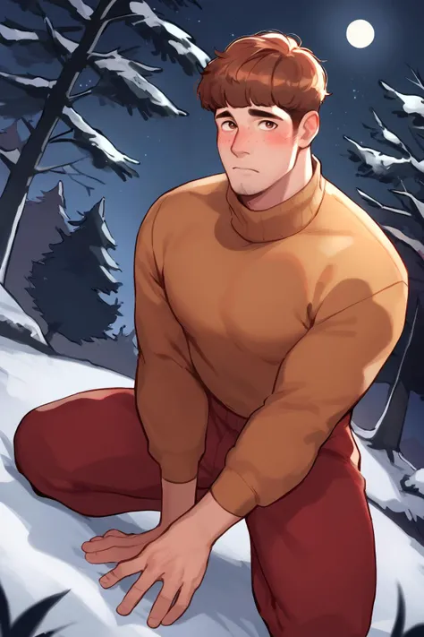 score_9, score_8_up, score_7_up, VelmaXL, short hair, brown hair, blunt bangs, brown eyes, orange turtleneck sweater, red pants, freckles, shy, blush, 1boy, solo, male focus, mature male, looking at viewer, cowboy shot, kneeling, outdoors, forest, night, night sky, dark background <lora:velmaXL-10:0.8> <lora:Smooth Anime 2 Style SDXL_LoRA_Pony Diffusion V6 XL:1>