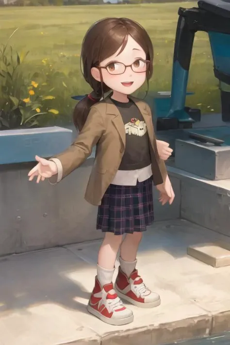 1girl, female child, margo, brown hair, brown eyes, glasses, low ponytail, sidelocks, jacket, skirt, sneakers, city, river, standing, looking at viewer, :d <lora:margo:1>