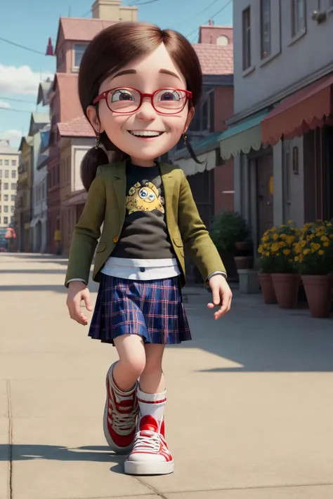 adorable young Margo from Despicable Me from_side pixar dreamworks scene plaid skirt red sneakers smiling walking down sidewalk suburban neighbohood bright sunny day
(masterpiece:1.2) (CGI:1.2) (best quality:1.2) (detailed) (intricate) (8k) (HDR) (cinematic lighting) (sharp focus) <lora:margo:0.9>