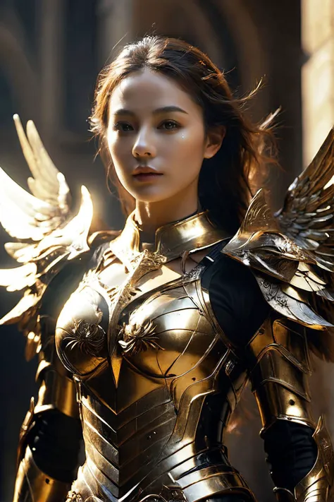 medieval high-tech cyborg woman, black and gold plate medieval style Armor, fallen angel, very sexy physique destroyed skyscraper,