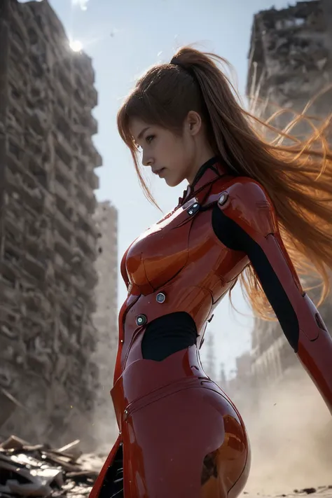 Asuka Langley Soryu, charging forward battlefield, the burst meteor, the fierce battle of fighting with his life, ultra detailed graphic tension, stunning colors, 3D rendering, surrealism, cinematic lighting effects, realism, 00 renderer, super realistic, full - body photos, super vista, super wide Angle, futuristic cyborg warrior in a ruined city, warzone, explosions, billowing smoke,towering destroyed buildings,