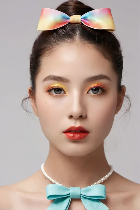 her body canvas for a vibrant color splash. Each pore, eyelash, and clothing detail, captured in octane render, glows under radiant light rays. Her rainbow-colored hair, tied in a high ponytail, mirrors the rainbow border of the shot. The image focuses on her upper body against a white backdrop, her figure adorned with a big rainbow bow and exquisitely applied makeup, her red lips sealed and eyes looking towards the viewer. An impasto-style color explosion, high in saturation, adorns her skin, creating a striking contrast to her natural skin texture. This solo, color-rich, and highly detailed image is a testament to the beauty of artistic expression and physical form, (an amazing play of light and shadow on the skin:1.4),