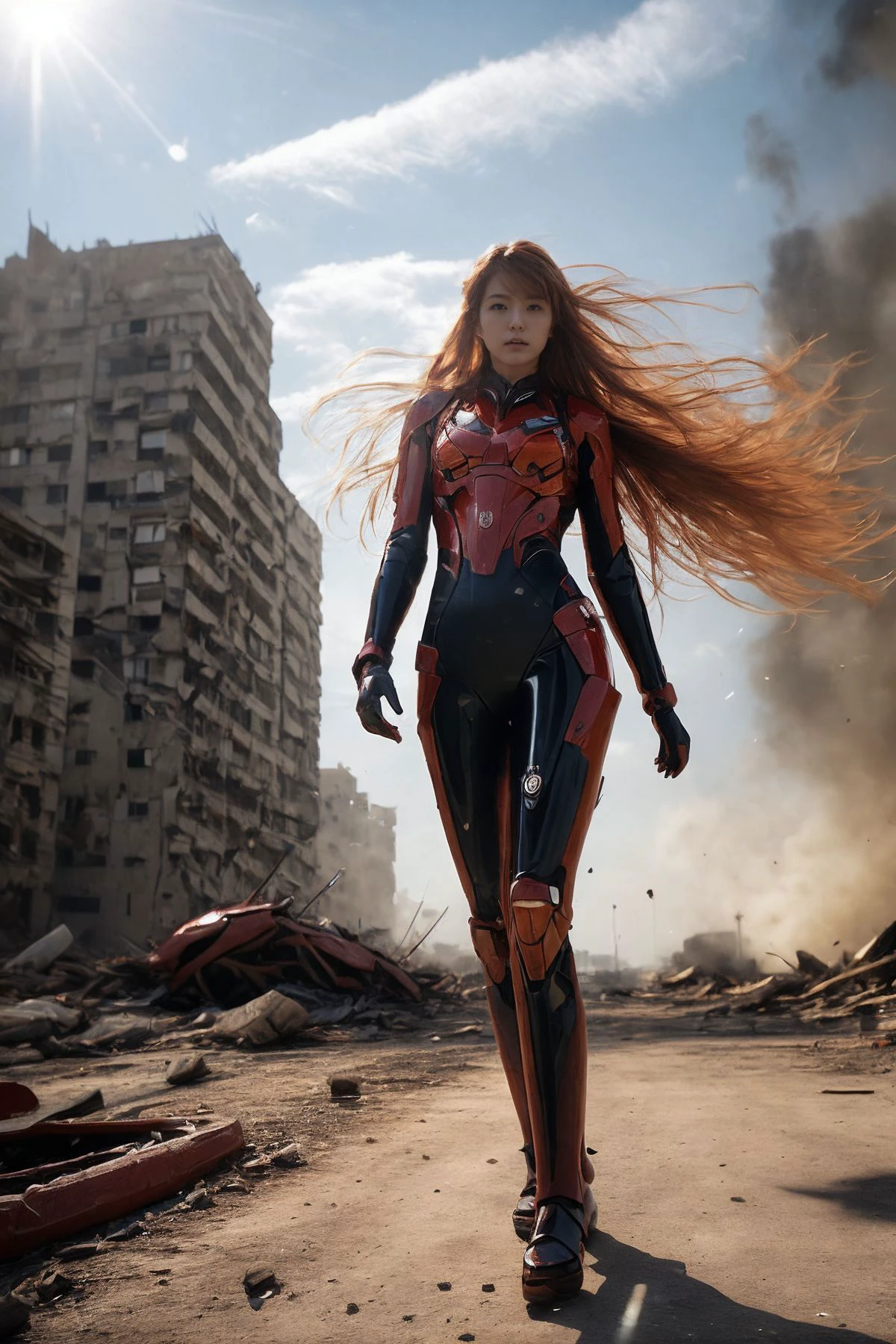 Asuka Langley Soryu, charging forward battlefield, the burst meteor, the fierce battle of fighting with his life, ultra detailed graphic tension, stunning colors, 3D rendering, surrealism, cinematic lighting effects, realism, 00 renderer, super realistic, full - body photos, super vista, super wide Angle, futuristic cyborg warrior in a ruined city, warzone, explosions, billowing smoke,towering destroyed buildings,