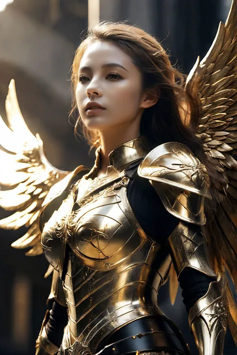 medieval high-tech cyborg woman, black and gold plate medieval style Armor, fallen angel, very sexy physique destroyed skyscraper,