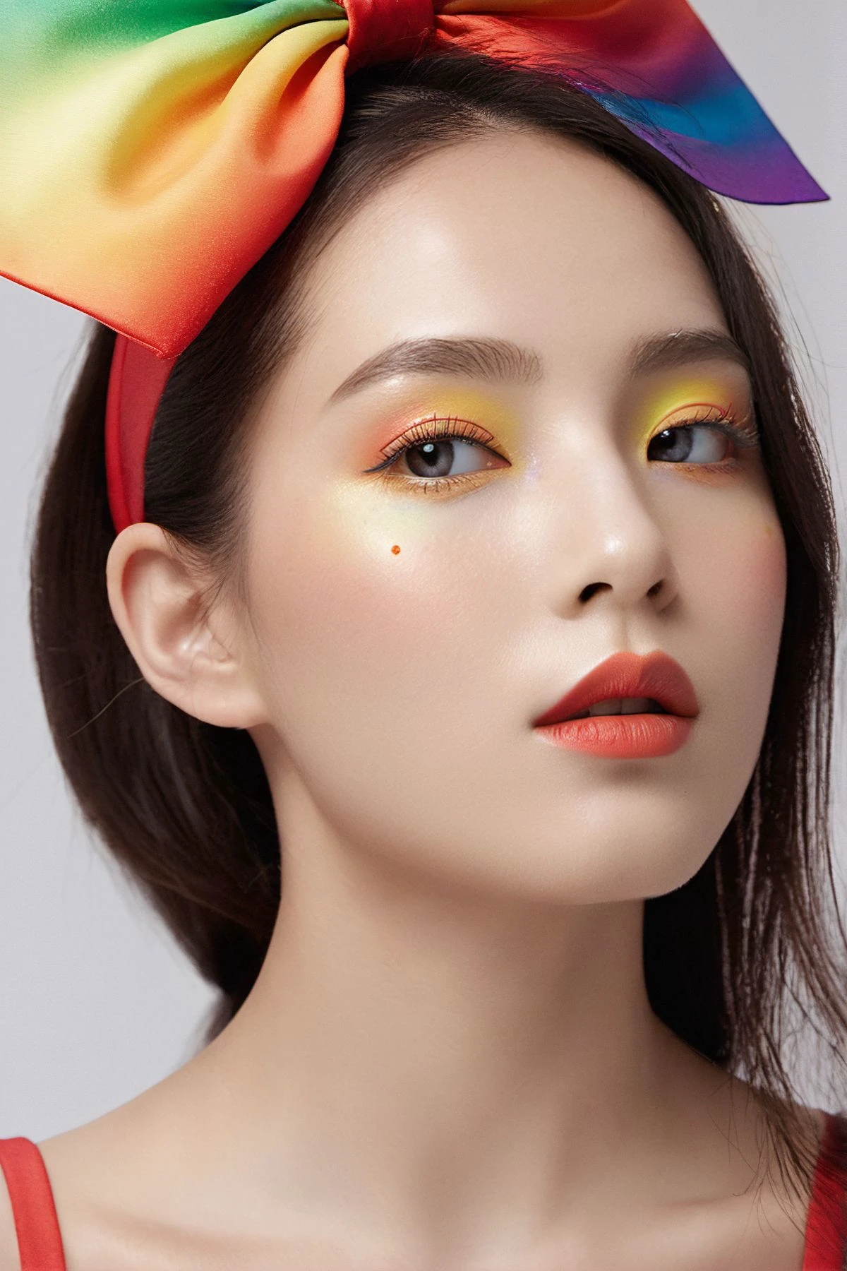 her body canvas for a vibrant color splash. Each pore, eyelash, and clothing detail, captured in octane render, glows under radiant light rays. Her rainbow-colored hair, tied in a high ponytail, mirrors the rainbow border of the shot. The image focuses on her upper body against a white backdrop, her figure adorned with a big rainbow bow and exquisitely applied makeup, her red lips sealed and eyes looking towards the viewer. An impasto-style color explosion, high in saturation, adorns her skin, creating a striking contrast to her natural skin texture. This solo, color-rich, and highly detailed image is a testament to the beauty of artistic expression and physical form, (an amazing play of light and shadow on the skin:1.4),