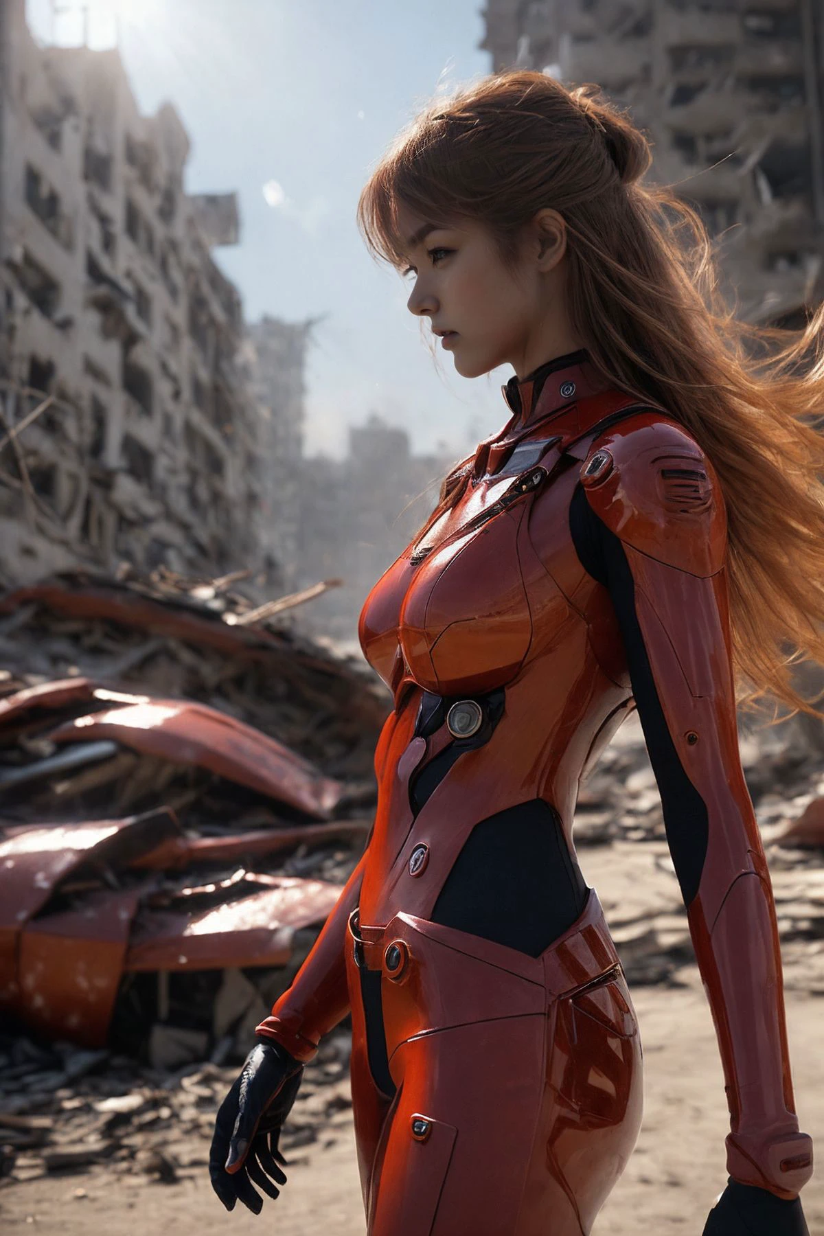 Asuka Langley Soryu, charging forward battlefield, the burst meteor, the fierce battle of fighting with his life, ultra detailed graphic tension, stunning colors, 3D rendering, surrealism, cinematic lighting effects, realism, 00 renderer, super realistic, full - body photos, super vista, super wide Angle, futuristic cyborg warrior in a ruined city, warzone, explosions, billowing smoke,towering destroyed buildings,
