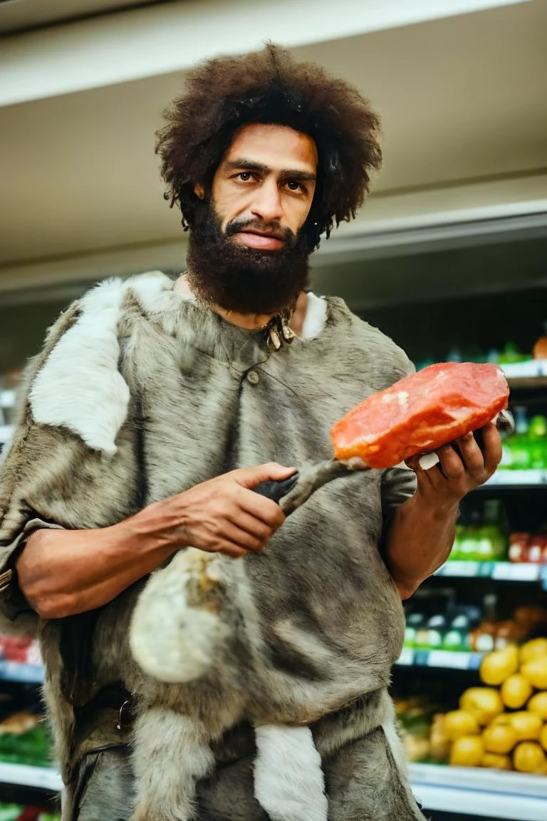 medium shot realistic photo of stone_man, a man in the supermarket, wild hair, holding a raw meat, highly detailed, 8k, photorealistic, flash lighting, candid, <lora:stoneage_man_l9ra:0.85>